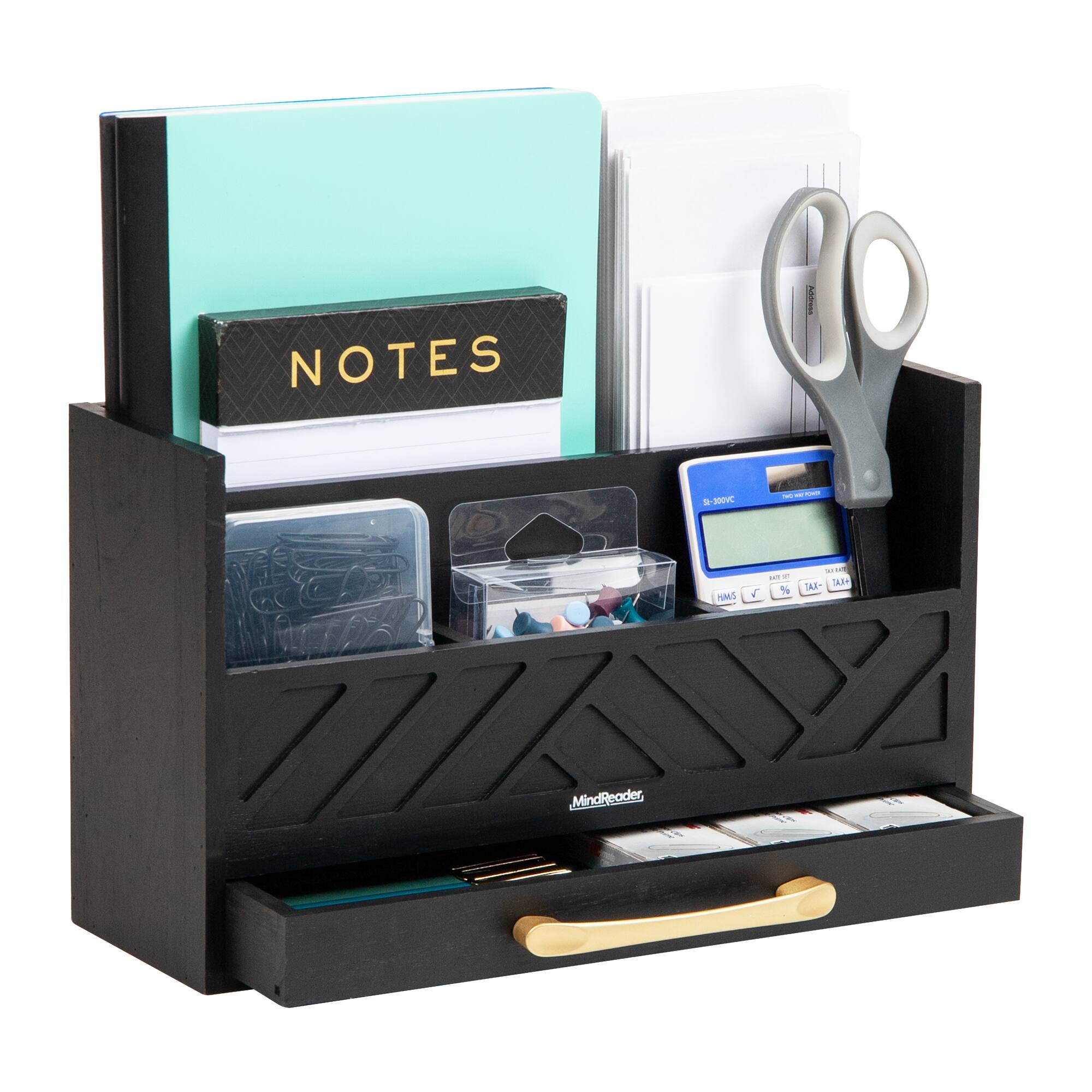 Mind Reader 5-Compartment Desktop Organizer, Rustic Wooden Storage Rack with Drawer for Papers, Accessories, and Office Supplies, Black